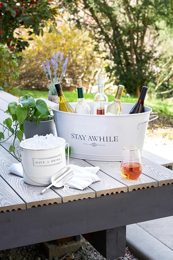 Twine Stay Awhile White Painted Galvanized Ice Bucket & Metal Tub - Beverage Ice Barrel Tub for Parties in 6.3-Gallon Capacity