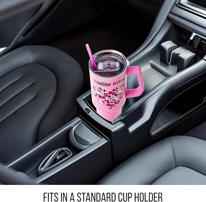 Silver Buffalo Sanrio Hello Kitty Leopard Jungle Cat Print and Bows Heart Stainless Steel Tumbler with Handle and Straw, Fits in Standard Cup Holder, 40 Ounces