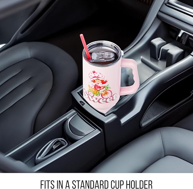 Silver Buffalo Strawberry Shortcake and Custard “Sweet” Stainless Steel Tumbler with Handle, Fits in Standard Cup Holder, 40 Ounces