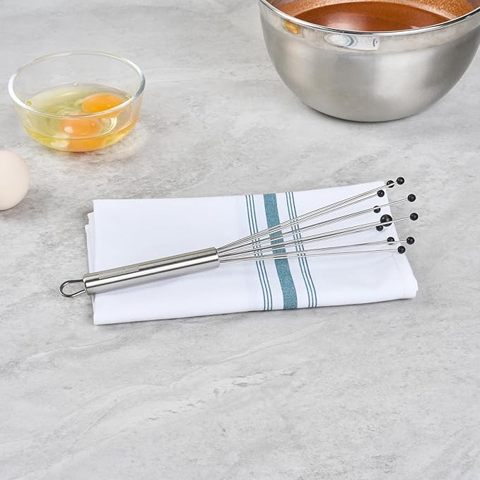 Restaurantware-German Standard 10.6 Inch Ball Whisks, 6 Kitchen Whisks With Silicone Balls - Ergonomic Handle, Dishwashable, Stainless Steel Manual Egg Beater, Durable, For Whisking, Stirring, Mixing