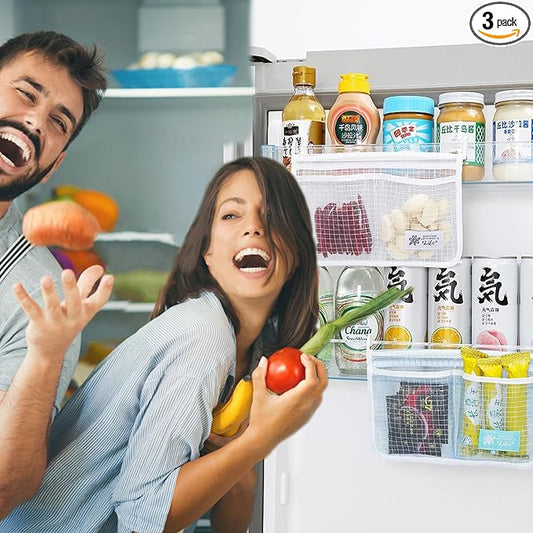 3PCS Refrigerator Door Organizer Set, Fridge Hanging Mesh Bag for Kitchen Storage Bag, Household Sundries Sorting Bag Used to Refrigerator Side Door, Only for Small Objects Containers (White)