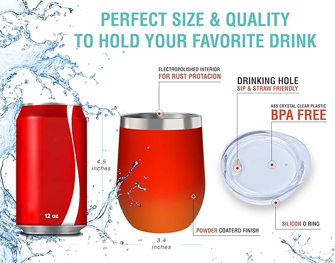 CHILLOUT LIFE 12 oz Stainless Steel Wine Tumbler with Lid - Double Wall Vacuum Insulated Wine Cup Glass Keeping Cold & Hot for Coffee, Champagne, Cocktails, Ice Cream - Red Fire