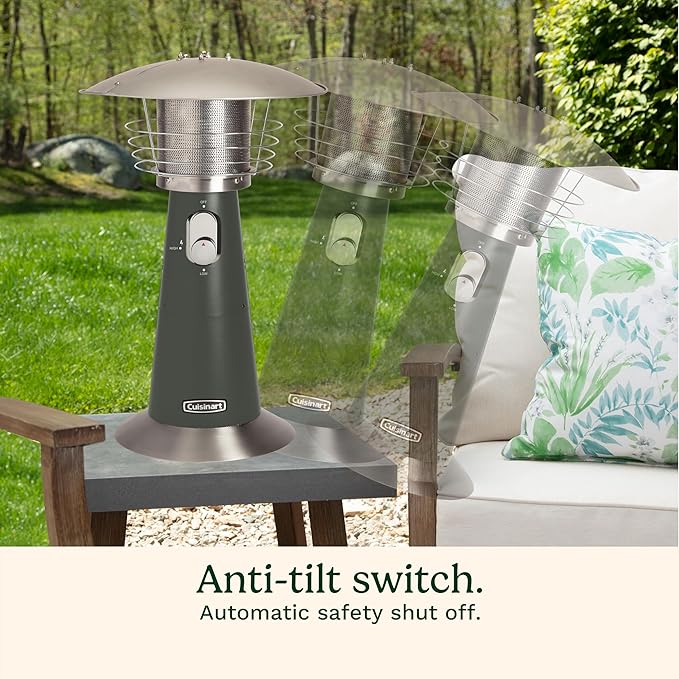 Cuisinart Portable Tabletop Patio Heater, 11,000 BTU Outdoor Propane Heater with Safety Tilt Switch and Adjustable Heat, Burner Screen Guard, 30 sq. Foot Heat Range, Gray