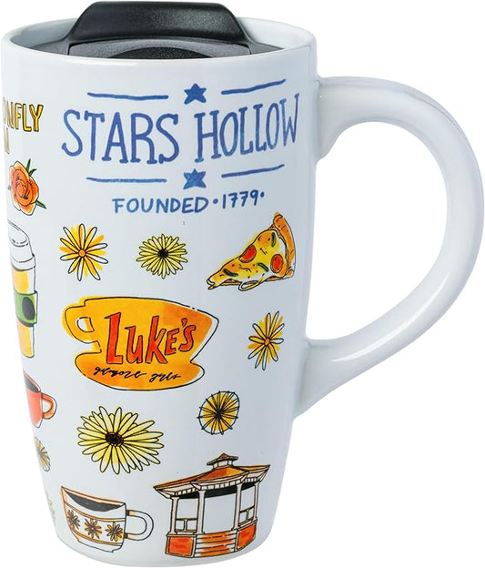 Silver Buffalo Gilmore Girls Iconic Icons Stars Hollow Luke's Diner Ceramic Travel Mug with Slide Close Lid and Handle, 16 Ounces