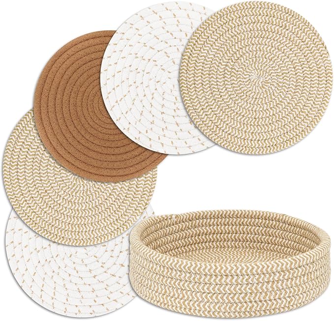 Trivets for Hot Dishes, Pots and Pans, Hot Pads with Storage Basket, Pot Holders for Kitchen, Heat Resistant Mat Protect Counter Home Essentials, Farmhouse Decor (Mix Brown 5 PCS)