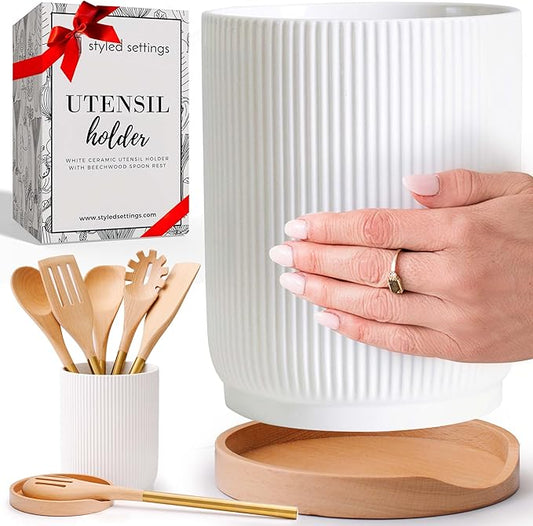 STYLED SETTINGS White Ceramic Utensil Holder with Built-In Wooden Spoon Rest –2PC Set for Kitchen Countertop Organization – Ceramic Utensil Crock & Wood Spoon Rest for Clean, Stylish Cooking