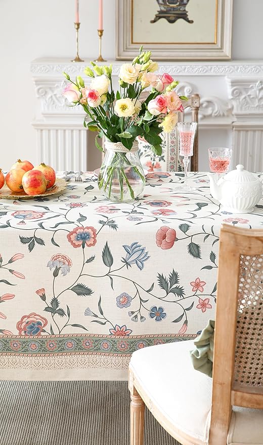 ISAENNE Designer Chinoiserie Linen Floral Table Cloth for Rectangle Table,White Wrinkle Resistant Tablecloth,Elegant Decor Tablecloths for Dining Thanksgiving Kitchen Party,55"*79"-Daffy