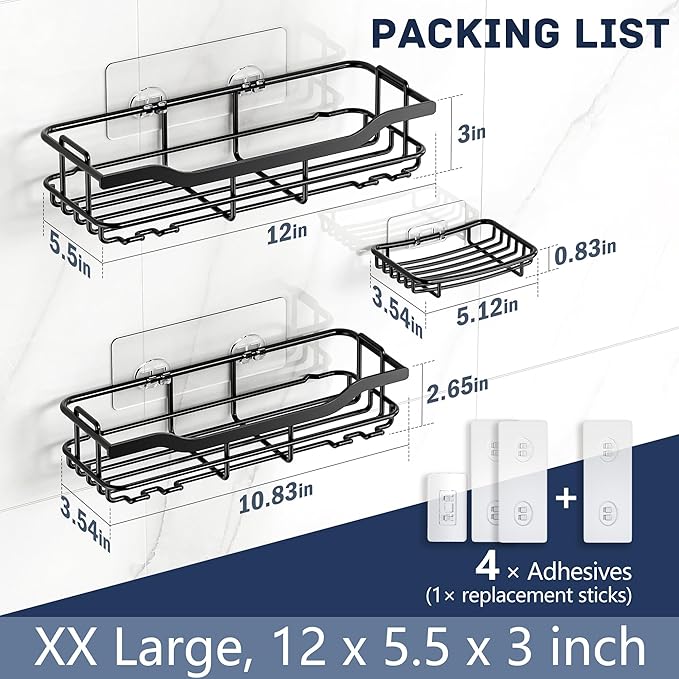 OMAIRA 3-Pack Shower Caddy with Soap Holder, Adhesive Rustproof No-drill Strudy Loading Inside Shower Organizer Shelves Rack Storage Bathroom Organization for Smooth Wall Glass Tile, Black (X-Large)