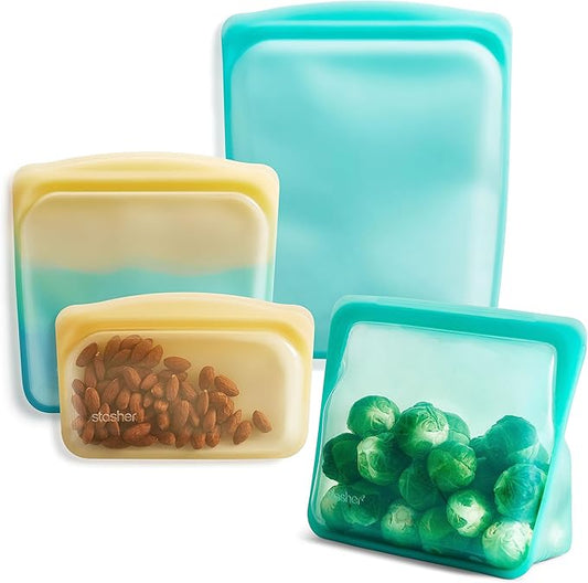 Stasher Premium Silicone Reusable Food Storage Bags, 4-Pack, Endangered Seas, Multi-Use Food Storage Bags, Lunch Bag, Travel Containers, BPA Free, Leak-free, Dishwasher-Safe, Eco-friendly