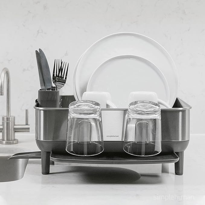 simplehuman Compact Dish Drying Rack with Stainless Steel Frame, 360º Easy Drain Swivel Spout, Utensil Holder, Anti-Residue Coating, Moisture Control Surface, Grey