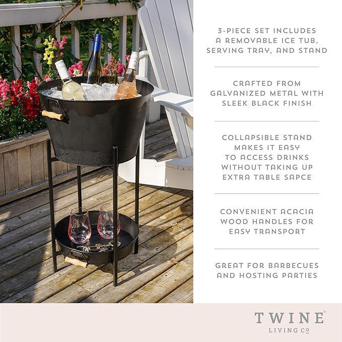 Twine Black Beverage Tub with Collapsible Stand, Large Metal Bucket and Tray, Ice Drink Buckets with Acacia Wood Handles for Parties, 3-Piece Set