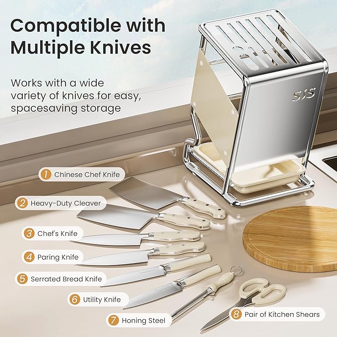 Knife Block Holder without Knives, Universal Kitchen Storage Stand, Safe Space Saver Large Volume Stable Knife Storage With a drip tray at the base Detachable for Easy Cleaning - White