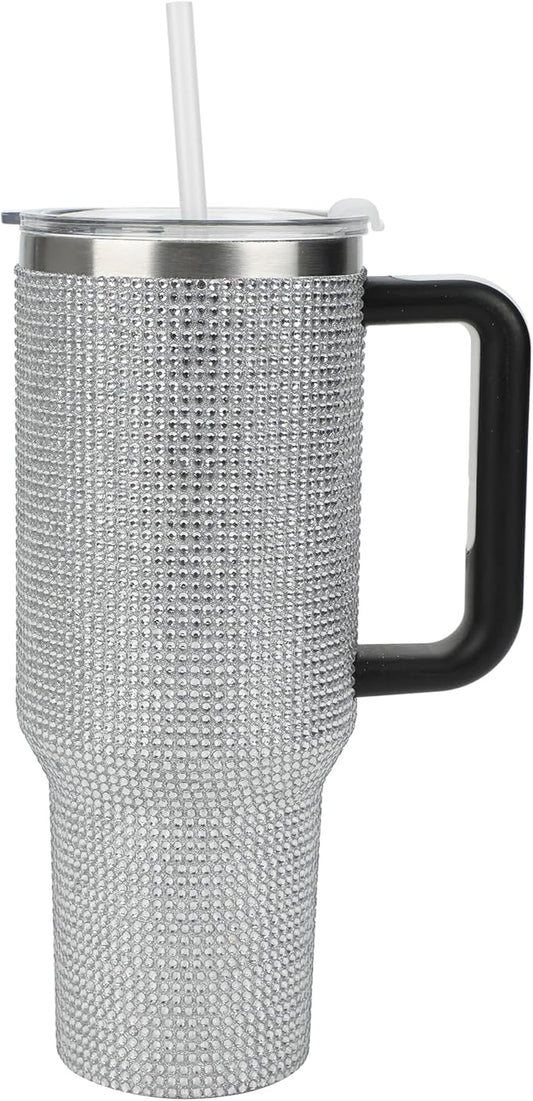 Bioworld Silver Rhinestone 40 Oz Vacuum Insulated Stainless Steel Tumbler with Leak-Proof Lid & Easy Carry Handle, Sparkling Finish for Travel or Home