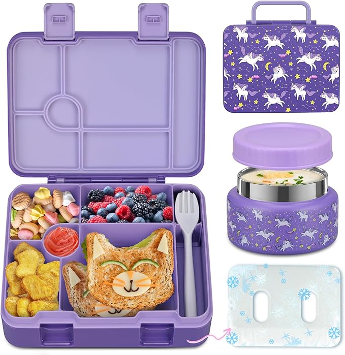 Bento Lunch Box Kids and 9oz Soup Thermos – 5.5-Cup Leakproof Kids Bento Box with Ice Pack & 9oz Insulated Food Jar – Hot & Cold Food Lunch Container for Boy Girl School, Purple Set
