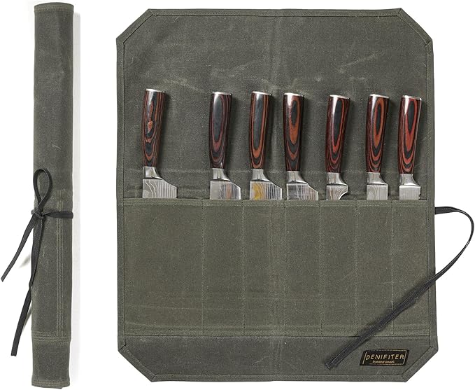 Heavy Duty Waxed Canvas Knife Roll Bag, Portable Chef Knife bag, Durable (Army Green)