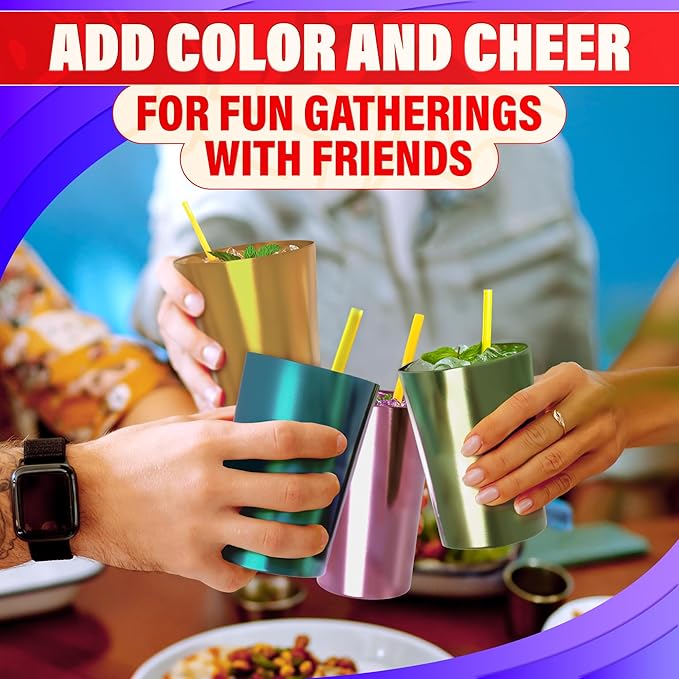 Retro Aluminum Cups 15 oz Set of 6 - Christmas Metal Tumblers for Cold Drinks, Festive Color-Finished Metal Cups for Drinking, Stackable and Dishwasher-Safe, for Home, Camping, Patio & Holiday Parties