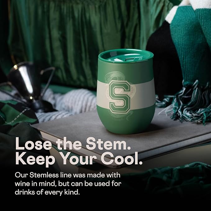 Corkcicle Stemless Insulated Wine Glass Tumbler - Keeps Beverages Cold 6 Hrs Hot 3 Hrs - Stainless Steel - Easy-Grip - Summer Drinkware Gift - Keeps Drinks Ice Cold - 12 oz - Slytherine