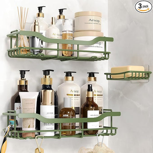 OMAIRA 3-Pack Shower Caddy with Soap Holder, Adhesive Rustproof No-drill Strudy Loading Inside Shower Organizer Shelves Rack Storage Bathroom Organization for Smooth Wall Glass Tile, Green (X-Large)