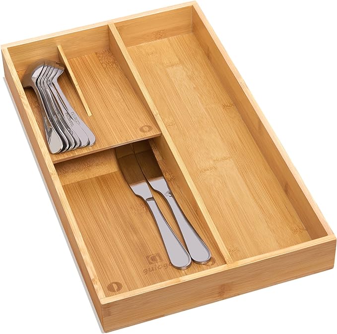 Bamboo silverware tray organizer, Utensil Holder and Cutlery Tray for Drawer, Kitchen Drawer Organizer Divider for Spoons Forks Knives