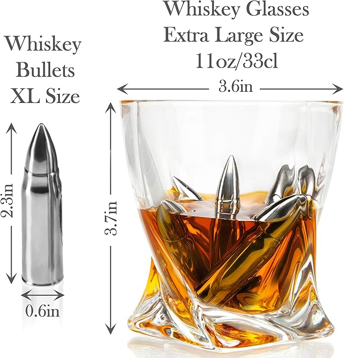 Frolk Whiskey Chillers Premium Gift Set, Set Of 6 Extra Large Stainless Steel Whiskey Stones, 2 Large Twisted Whiskey Glasses (11 oz), Freezer Base, Velvet Pouch & Tongs In Novelty Wooden Box