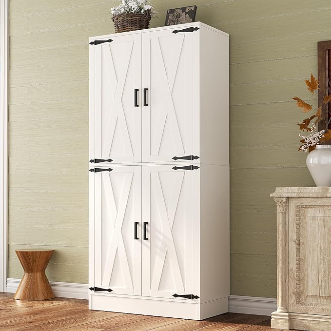 Unikito Kitchen Pantry Storage Cabinet with Farmhouse Barn Doors and Storage Drawer, 4 Adjustable Shelves, Freestanding Tall 71‘’ H Cupboard for Dining Room, Living Room, Utility Room, White