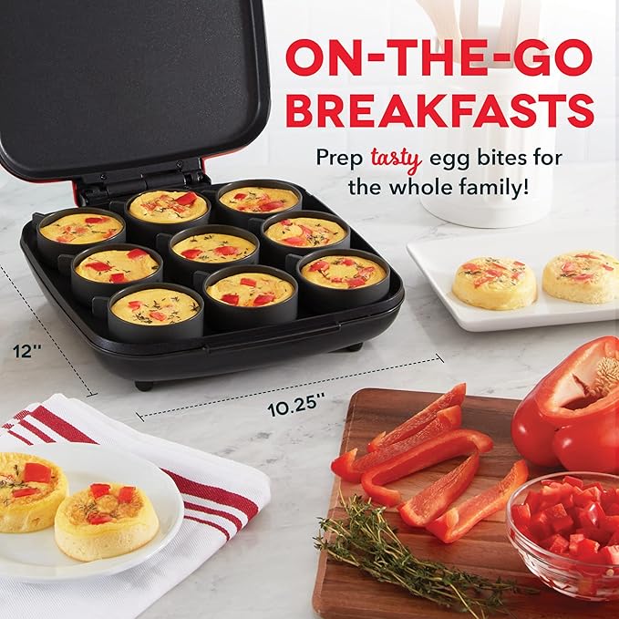 Dash Sous Vide Style Family Size Egg Bite Maker for Breakfast Bites, Sandwiches, Healthy Snacks or Desserts, Keto & Paleo Friendly (9 Servings), Red, 9 Egg Bites