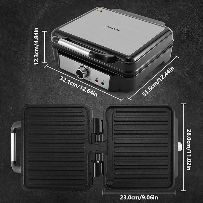 MONXOOK Panini Press Sandwich Maker, 4 Slices Panini Grill Non-Stick Coated Plates, Panini Makers with Temperature Control, Opens 180 Degrees, Removable Drip Tray, 1400W, Stainless Steel