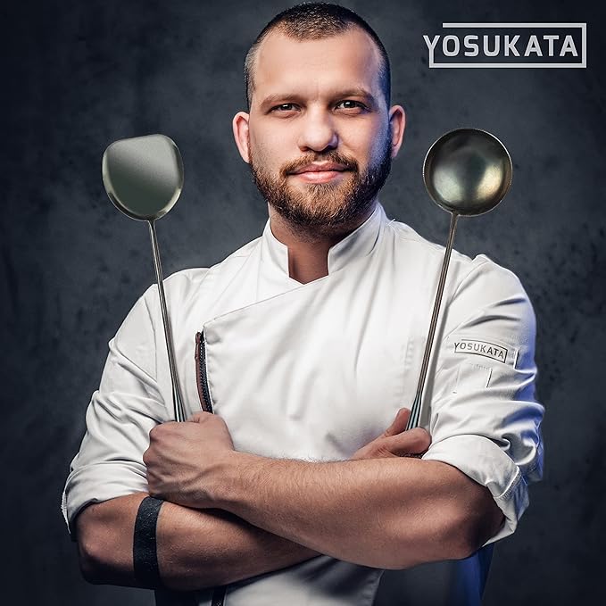 YOSUKATA Pre-Seasoned Wok Utensils Set - Blue Carbon Steel 17-inch Wok Spatula, Wok Ladle, 3 pairs Chopsticks - Durable Asian Cooking Tools