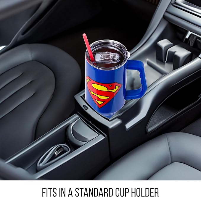 Silver Buffalo DC Comics Superman Logo Stainless Steel Tumbler with Handle and Straw, Fits in Standard Cup Holder, 40 Ounces