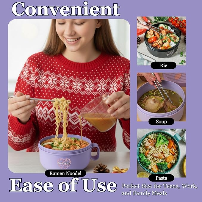 AI LOVE PEACE Ramen Bowl, 40 oz Microwaveable Noodle Cooker for Ramen, Pho, Soup, and Pasta, Dishwasher Safe and Portable, Ideal for Home, Office, Dorm, or Gift (Purple)