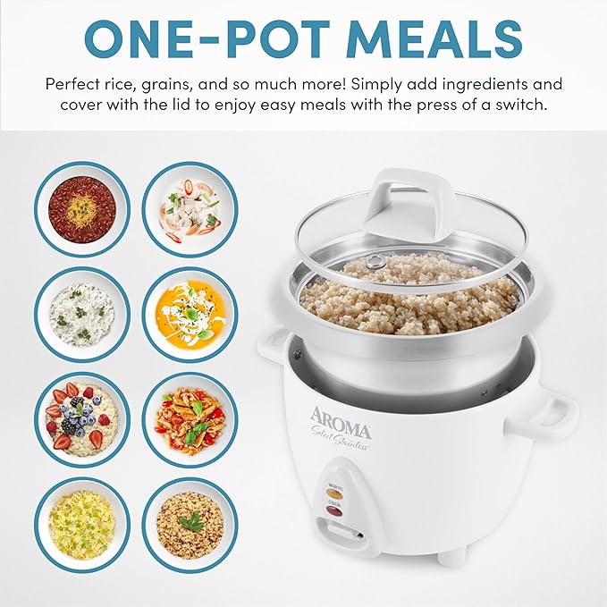 AROMA® Select Stainless® Rice Cooker, 3-Cup (Uncooked) / 6-Cup (Cooked), Stainless Steel Inner Pot, Small Rice Cooker, Auto Keep Warm, 1.2 Qt, White, ARC-753SG (Pack of 4)