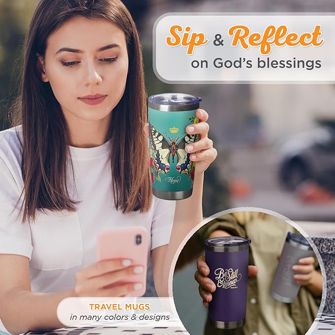 Christian Art Gifts Stainless Steel Double Wall Vacuum Insulated Tumbler 18 oz Butterfly Teal BPA-free Travel Mug with Retractable Lid Inspirational Bible Verse for Women - Hope -Isaiah 40:31