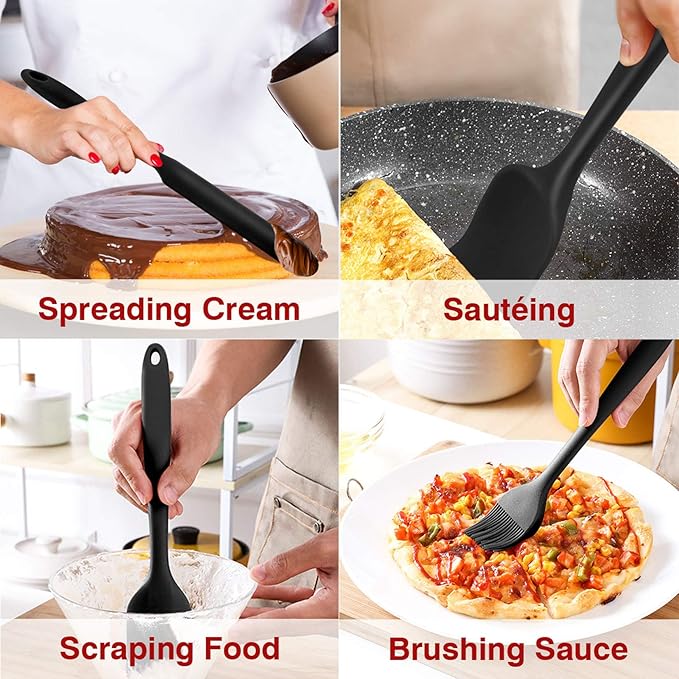 Silicone Spatula Set of 7, P&P CHEF Heat-Resistant Rubber Spatulas Kitchen Utensils Set for Non-stick Cooking Baking Mixing, Seamless & Flexible Design, Dishwasher Safe, Black