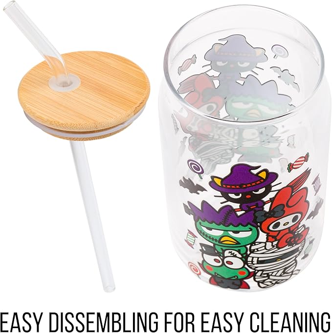 Silver Buffalo Sanrio Hello Kitty &Friends Halloween Spooky Badtz-Maru Frankenstein,Chococat Witch,My Melody Ghost,Keroppi Vampire,Mummy Glass Jar Tumbler w Bamboo Lid&Glass Straw,16oz(Pack of 12)