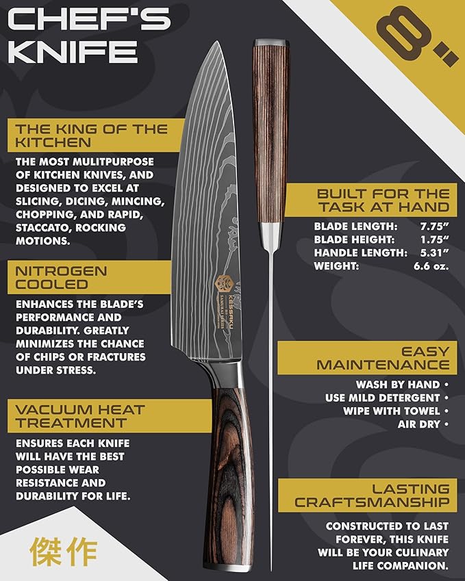 KESSAKU Chef Knife - 8 inch - Samurai Series - Razor Sharp Kitchen Knife - Forged 7Cr17MoV High Carbon Stainless Steel - Wood Handle with Blade Guard