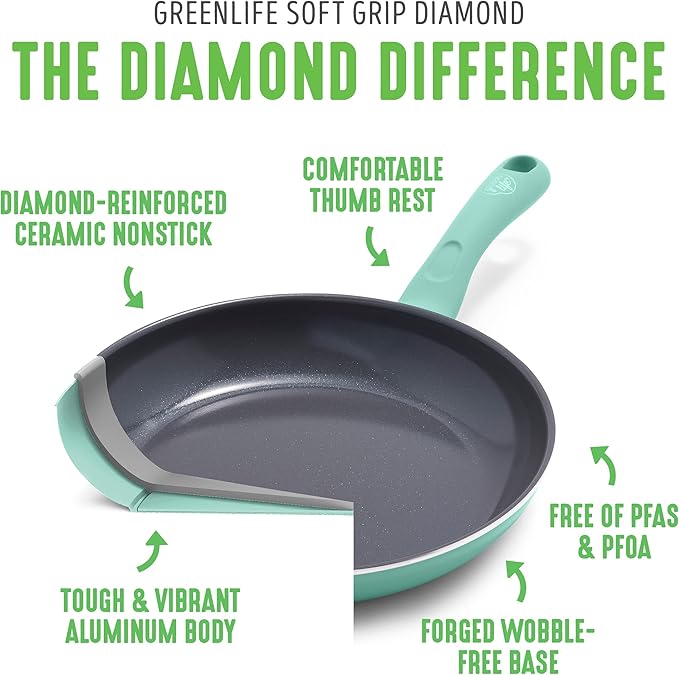 GreenLife Soft Grip Diamond Healthy Ceramic Nonstick 13 Piece Cookware Pots and Pans Set, PFAS-Free, Dishwasher Safe, Turquoise, Diamond Cookware