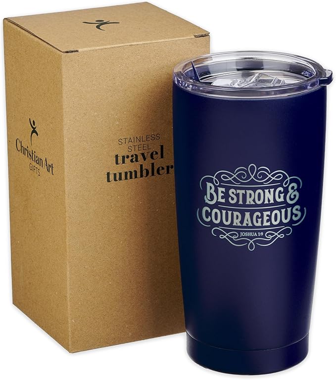 Christian Art Gifts Large Insulated Stainless Steel Travel Mug Tumbler for Men & Women: Strong & Courageous Uplifting Scripture, Double Wall Vacuum Sealed, Retractable Lid, Navy Blue & Silver, 18 oz.