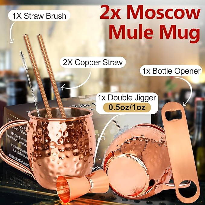 LINALL Moscow Mule Copper Mugs- Set of 2 Copper Plated Stainless Steel Mug 18oz, for Chilled Drinks (2 pcs)