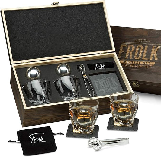 Whiskey Stones Gift Set for Men - 2 King-Sized Chilling Stainless-Steel Whiskey Balls - 2 XL Whiskey Glasses, Slate Stone Coasters, Freezer Pouch & Tongs - Luxury Set in Unique Pine Wood Box