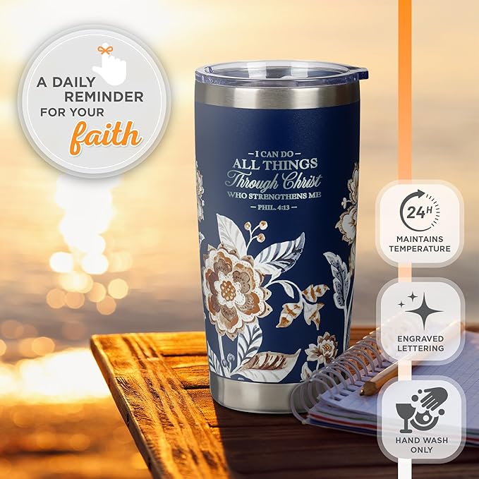 Christian Art Gifts Stainless Steel Scripture Tumbler Travel Mug for Women: All Things Through Christ Inspirational Bible Verse, Double-wall Vacuum Insulated w/Lid Hot/Cold, Navy Blue Floral, 18oz.