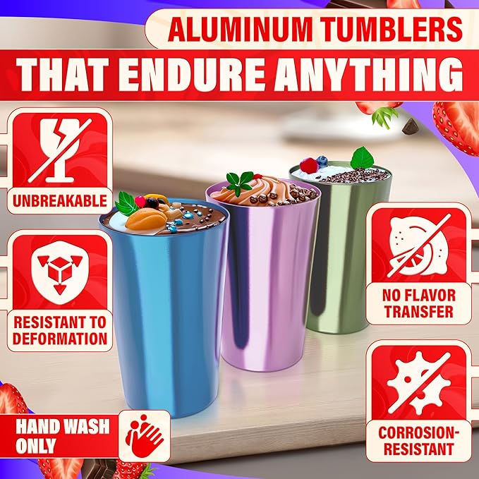 Retro Aluminum Cups 15 oz Set of 6 - Christmas Metal Tumblers for Cold Drinks, Festive Color-Finished Metal Cups for Drinking, Stackable and Dishwasher-Safe, for Home, Camping, Patio & Holiday Parties