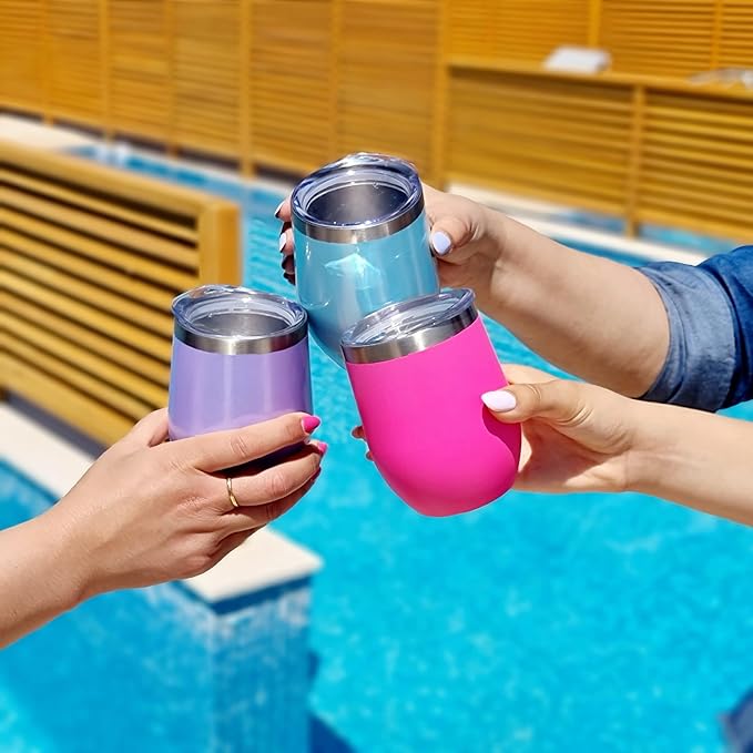 CHILLOUT LIFE 12 oz Stainless Steel Wine Tumblers 2 Pack - Double Wall Vacuum Insulated Wine Cups with Lids and Straws Set for Coffee, Wine, Cocktails - Hot Pink