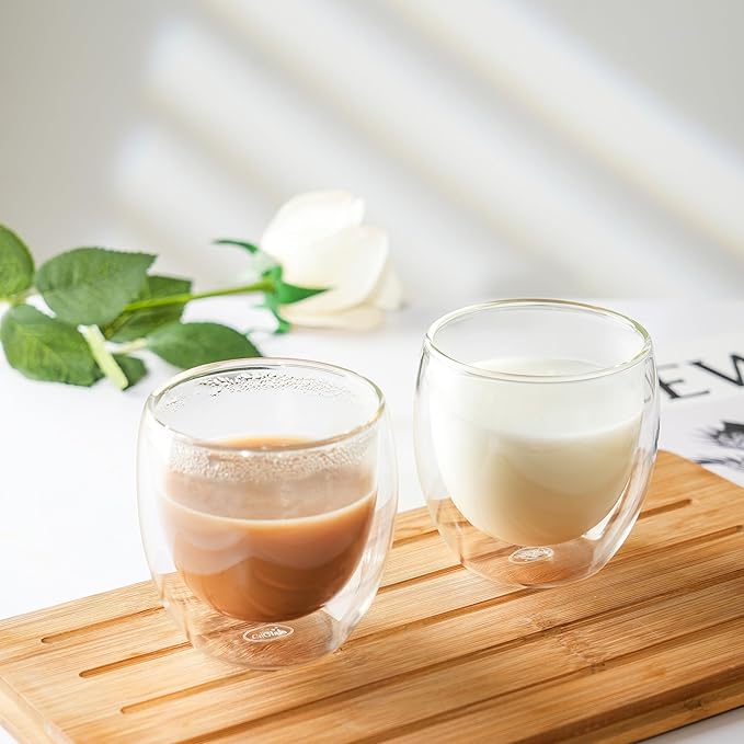 CNGLASS Double Wall Glass Espresso Cups 8.5 oz,Clear Insulated Glass Coffee Mug for Cappuccino,Tea,Set of 2