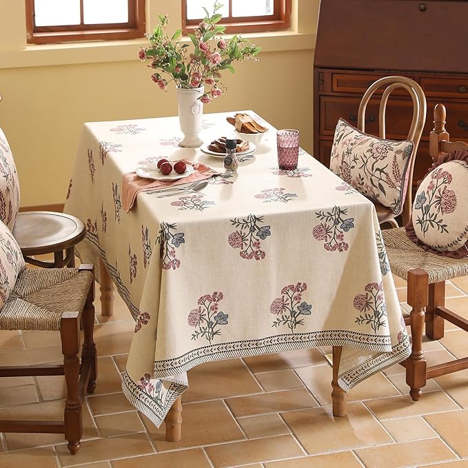 ISAENNE Designer Linen Light Beige Rectangular Tablecloth,French Colorful Floral Table Cloth,Stain Resistant Decor Tablecloths for Dining Thanksgiving Christmas Kitchen,55"*79"-Helena E