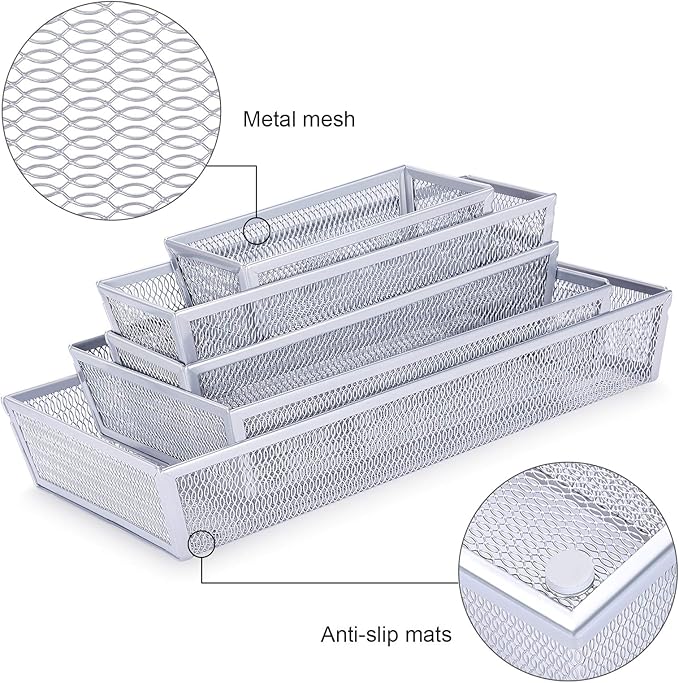 WuGeShop Mesh Silverware Tray Drawer Organizer, Kitchen Utensils Flatware with Anti-slip Mats, Silverware Storage Cutlery Tray for Knives Fork Spoon (5 Separate Compartments, Silver)