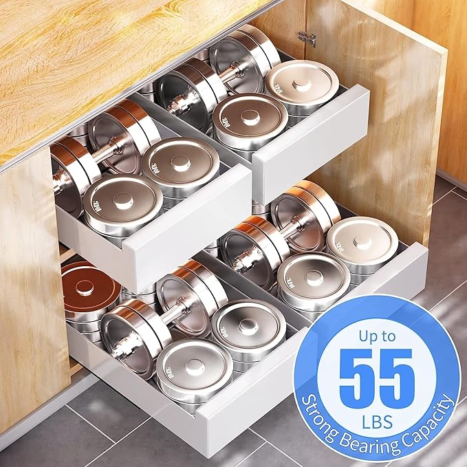 Pull Out Cabinet Organizer with Nano Adhesive, Heavy Duty Full-Extension Slide-Out Drawer for Kitchen Cabinet Organizers and Storage, No Drill Roll out Pantry Shelf, 13.8"W x 16.9"D x 3.1"H , White