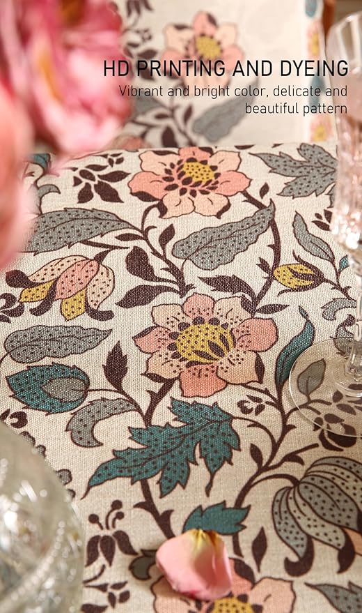 ISAENNE Designer Boho Floral Extra Long Tablecloth Rectangle,Linen Lotus Flower Pattern Colorful Table Cloth,Durable Decor Tablecloths for Dining Thanksgiving Kitchen Christmas,63"*110"-Hazel A