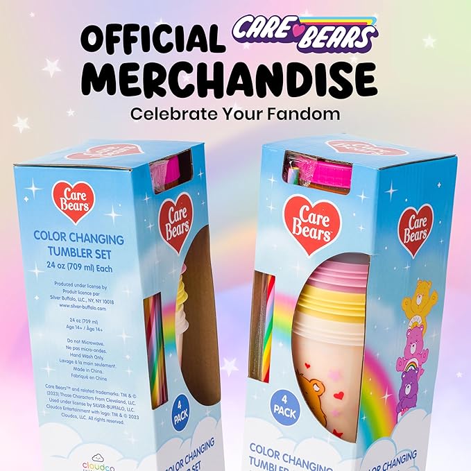 Silver Buffalo Care Bears Hearts and Stars 4 Pack Plastic Color Changing Tumblers with Rainbow Swirl Straws Featuring Tenderheart, Funshine, Cheer, and Grumpy Bear 24 Ounces