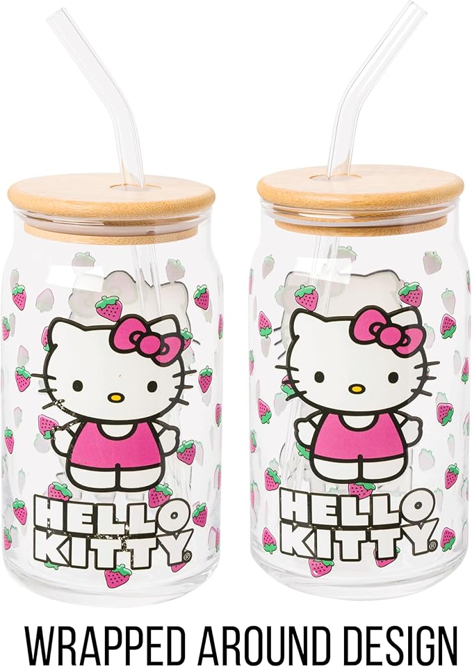 Silver Buffalo Sanrio Hello Kitty Strawberry Glass Jar Tumbler with Bamboo Lid and Glass Straw, 16 Ounces (Pack of 12)