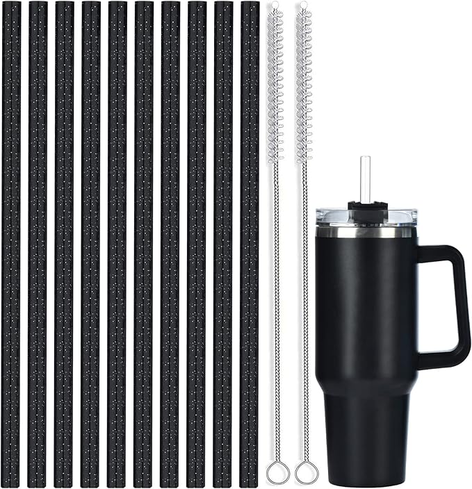 ALINK 10 Pack Black Replacement Straws for Stanley 40 oz 30 oz Tumbler, 12 in Long Reusable Plastic Glitter Straws for Stanley Cup Accessories, Half Gallon Jug, Plus 2 Cleaning Brush